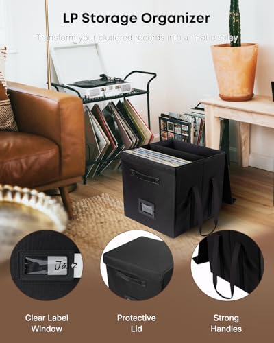 Uniclife Vinyl Record Storage Box with Lid & Handles | Collapsible, Splash-Resistant Album Storage Crate for 80 Single Records (12"), Black, 13" × 13" × 13"