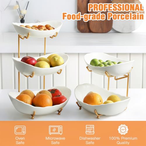 2 Tier Ceramic Fruit Bowl for Kitchen Counter, Tiered Fruit Basket for Countertop, Modern Multi Layer Fruit Display Stand for Party, Cute (Gold&White, Small) 1