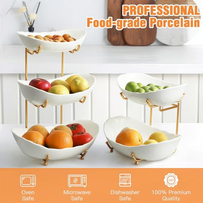 2 Tier Ceramic Fruit Bowl for Kitchen Counter, Tiered Fruit Basket for Countertop, Modern Multi Layer Fruit Display Stand for Party, Cute (Gold&White, Small) 1