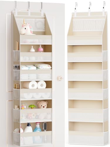 Over the Door Organizer, 6-Shelf Closet Hanging Storage with 13 Mesh Pockets, 55lbs Capacity Behind the Door Storage for Baby Nursery, Bathroom, Bedroom, and Dorm, Beige