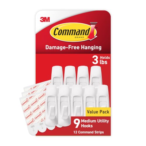 Command Medium White Hooks, 9 Hooks, 12 Strips | Damage-Free Hanging with Adhesive, Heavy Duty Hanging Great for Organization and Storage, Holds up to 3 lb