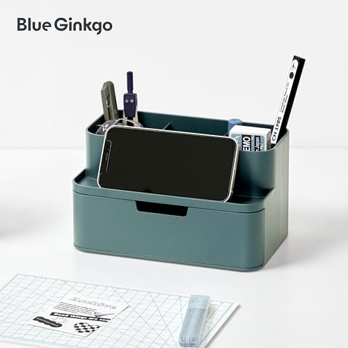 BLUE GINKGO Compact Desk Organizer, Green, Made in Korea | 5 Compartments. Half Drawer. Space-Saving.