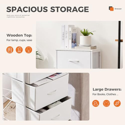4 Drawer Dresser for Bedroom, Anti-Tip Tall Fabric Dresser | Storage Cabinet with Wood Top Steel Frame, Chest of Drawers Organizer for Closet, Office, Entryway, White