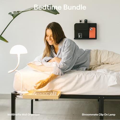 2-Pack: WallShelfie & Shroommate - Bedside Wall Organizer with Shroommate Clip On Light Bundle - Dorm Room Essential, Floating Bedside Shelf Wall Mount, Clip on for Desk, Remote Holder