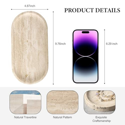Natural Marble Tray for Bathroom Counter, 10" x 5" Travertine Marble Storage Trays for Perfume, Cosmetics, Jewelry, Vanity Tray Stone Trays for Home, Decorative Tray for Dresser Organizer