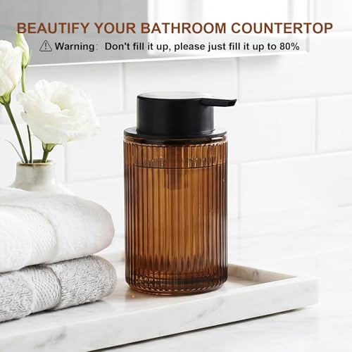 Foaming Soap Dispenser, Amber Glass Foam Hand Soap Dispenser for Bathroom, 11 Fl Oz Ribbed Refillable Foaming Pump Bottle with Black Pump, Modern Dish Soap Foam Dispenser