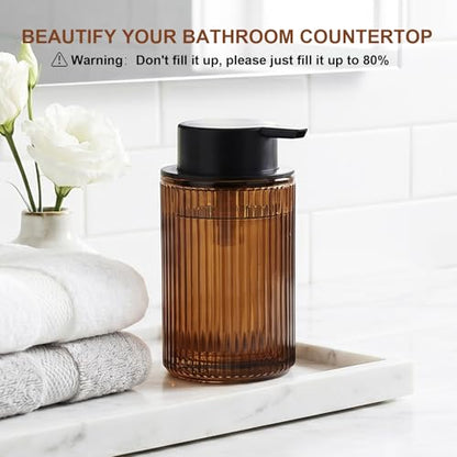 Foaming Soap Dispenser, Amber Glass Foam Hand Soap Dispenser for Bathroom, 11 Fl Oz Ribbed Refillable Foaming Pump Bottle with Black Pump, Modern Dish Soap Foam Dispenser