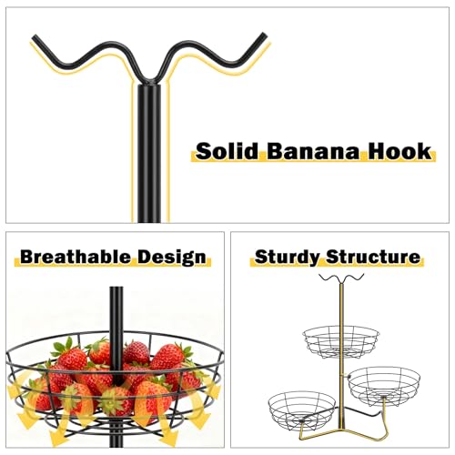 3 Tier Fruit Basket Bowl with 2 Banana Hooks, Solid Metal Standing Vegetable Storage for Kitchen Counter, Large Capacity Organizer for Bread Snack Produce (Black)
