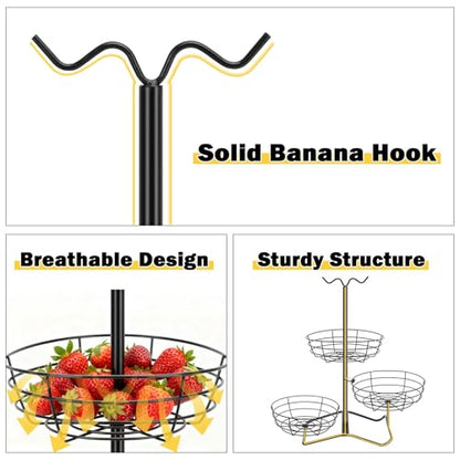 3 Tier Fruit Basket Bowl with 2 Banana Hooks, Solid Metal Standing Vegetable Storage for Kitchen Counter, Large Capacity Organizer for Bread Snack Produce (Black)