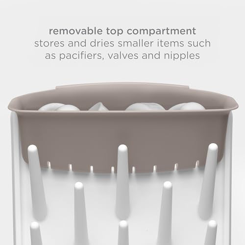Ubbi Vertical Baby Bottle Drying Rack, Space Saving Countertop Bottle Dryer | 13-Peg Bottle Drying Rack Removable Drain Tray, Baby Organizer for Pump Parts, Pacifier & Accessories, Dishwasher Safe, Taupe
