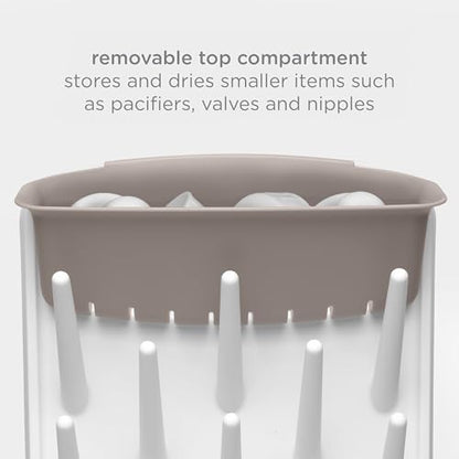Ubbi Vertical Baby Bottle Drying Rack, Space Saving Countertop Bottle Dryer | 13-Peg Bottle Drying Rack Removable Drain Tray, Baby Organizer for Pump Parts, Pacifier & Accessories, Dishwasher Safe, Taupe