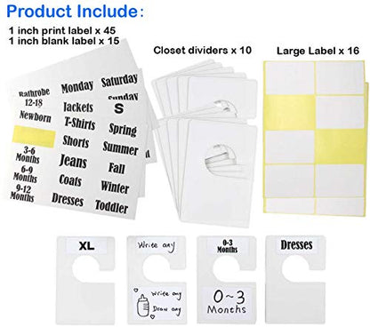 DMLNN 10 Pack White Clothing Rack Size Dividers Plus 60 Labels (1 Inch) and 16 Large Blank Labels, Large Rectangular Clothing Closet dividers (Pearl White)
