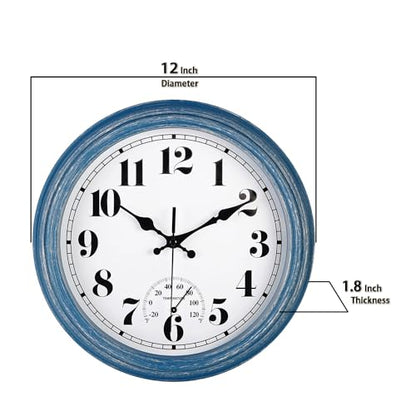 JENLYSTIME 12 Inch Indoor/Outdoor Retro Waterproof Wall Clock with Thermometer Silent Round Quartz Battery Operated Easy to Read Decorative for Kitchen Patio,Bathroom,Deck,Porch,Pool(Blue)