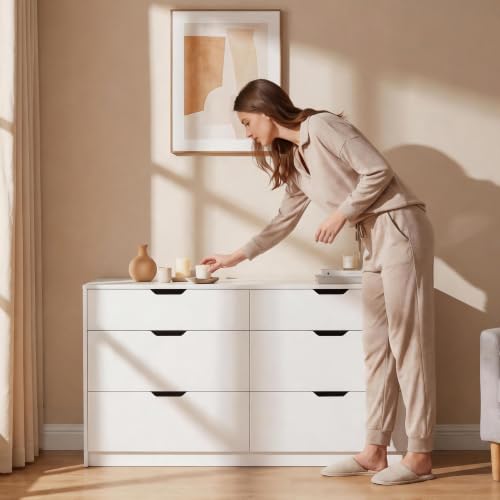 YESHOMY Dresser for Bedroom, 47.2" Modern Wood Chest with 6 Drawers, White | Two Drawer Sizes, Anti-Tip, Storage Cabinet & TV Stand for Living Room, Closet, Entryway