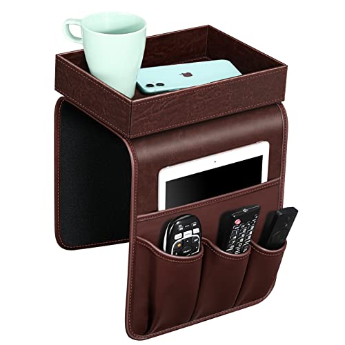 SITHON Sofa Remote Control Holder with Detachable Tray [Non Slip] | PU Leather Chair Couch Armrest Organizer Caddy with 5 Pockets for Magazines Phone iPad Remote Game Controller Eyeglasses