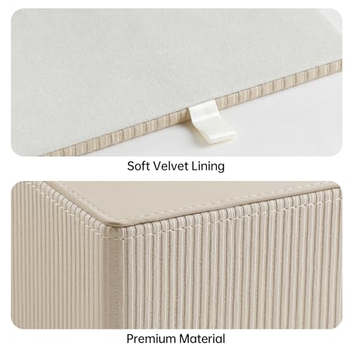 PU Leather Square Tissue Box Cover Tissue Box Holder Cube (Beige) | Magnetic Bottom, Soft Velvet Lining, Decorative Modern Design, Aesthetic Stripes, For Bathroom