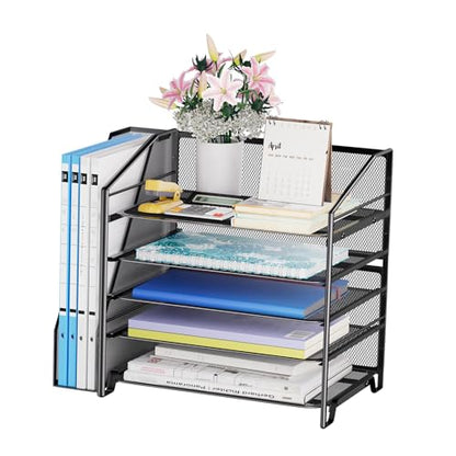 Simple Trending 5-Tier Desk File Organizer, Paper Organizer, Black | Adjustable Letter Trays, Side File Shelf，Durable Steel Mesh, Space Saving, for Home Office, 15.4"L x 9"W x 13"H