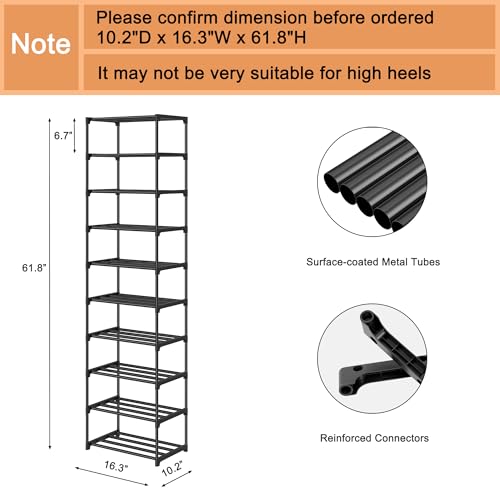 Autonomier 10 Tier Tall Shoe Rack (16.3" Wide), Narrow Lightweight Shelf | Compact Vertical Shoe Stand, Small Space Saving for Closet Floor, Dorm Storage Organizer, Front Door Entrance, Entryway