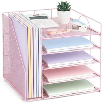 Desk Organizers and Accessories, 5-Tier Paper Letter Tray Organizer with File Holder, Desktop Organizer for Office Supplies (Pink)