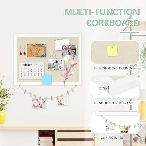 DOLLAR BOSS Double-Sided Bulletin Boards with Linen, 24"x18" Cork Board | Corkboards for Walls, Framed Pin Board, Picture Display Vision Board, For Office Home School, 20 Pushpins 10 Clips