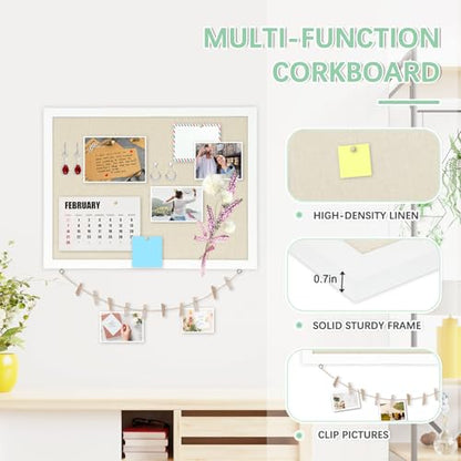 DOLLAR BOSS Double-Sided Bulletin Boards with Linen, 24"x18" Cork Board | Corkboards for Walls, Framed Pin Board, Picture Display Vision Board, For Office Home School, 20 Pushpins 10 Clips