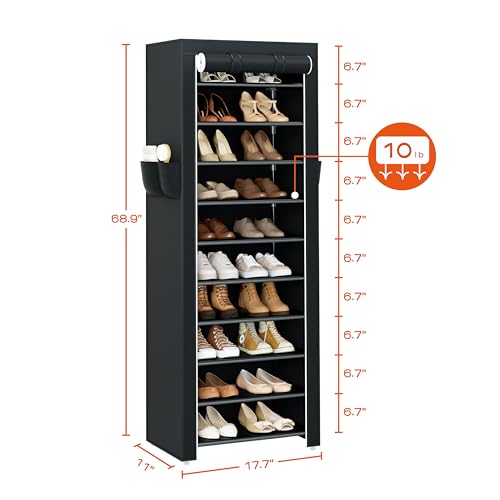 CASAMAYA Shoe Rack with Covers, 10 Tiers Tall Shoe Rack Organizer, Large Capacity Shoe Shelf Storage, Hold 20 Pairs of Shoes, Vertical Shoe Storage Organizer for Closet, Entryway, Black, SRT102B01