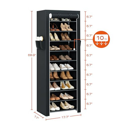 CASAMAYA Shoe Rack with Covers, 10 Tiers Tall Shoe Rack Organizer, Large Capacity Shoe Shelf Storage, Hold 20 Pairs of Shoes, Vertical Shoe Storage Organizer for Closet, Entryway, Black, SRT102B01