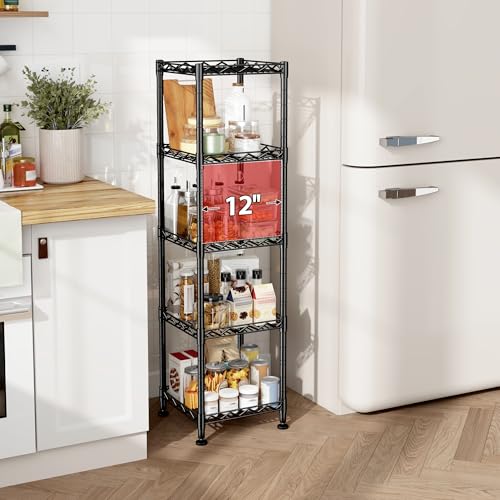 DurayLoly 5 Tier Storage Shelf, Metal Wire Shelving Unit, Black | Slim narrow design,325 lbs capacity,rust-resistant steel,upward mesh grid, tool-free,for bathroom,kitchen,laundry