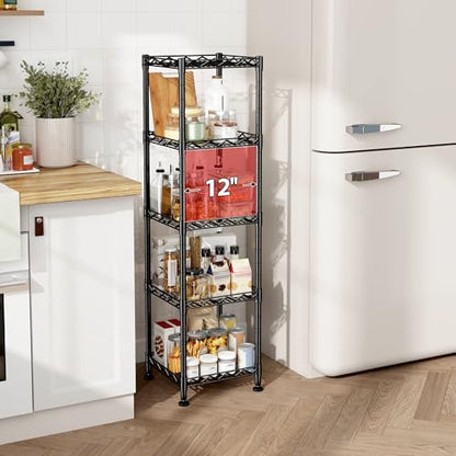 DurayLoly 5 Tier Storage Shelf, Metal Wire Shelving Unit, Black | Slim narrow design,325 lbs capacity,rust-resistant steel,upward mesh grid, tool-free,for bathroom,kitchen,laundry
