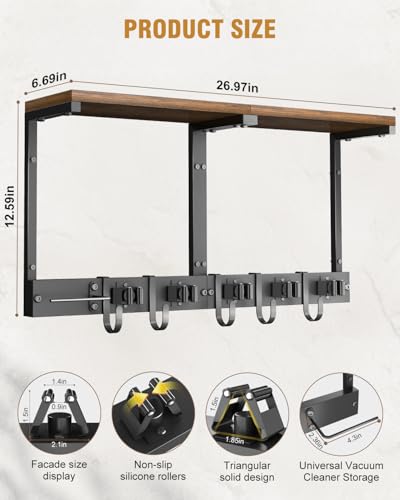 Large Broom Holder Wall Mount with Shelf, Vacuum Organizer, 5 Slots 5 Hooks | Black, 3-In-1 Wall Mount Stores Brooms/Mops/Vacuum, Cleaning Supplies With 5 Grippers/5 Hooks And A Sturdy Wooden Top Shelf