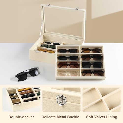 16-Slot Sunglass Organizer Box,2 Layer Velvet Sunglasses Holder | Soft Velvet Material,Sunglass Case for Multiple Sunglass,Sunglass Box for Women,Eyeglass Organizer,Sunglass Display