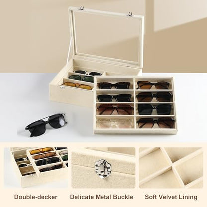 16-Slot Sunglass Organizer Box,2 Layer Velvet Sunglasses Holder | Soft Velvet Material,Sunglass Case for Multiple Sunglass,Sunglass Box for Women,Eyeglass Organizer,Sunglass Display