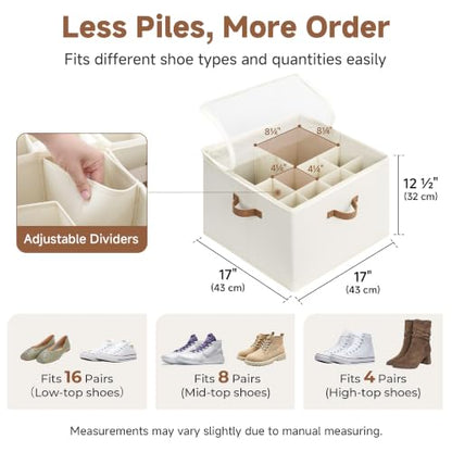 StorageWorks 16-Pair Shoe Organizer for Closet, Adjustable Dividers, Beige | Holds up to 16 Pairs, Foldable, Clear Lid, Reinforced Handles, Fits Sneakers, Boots & Heels, For Closet, Entryway & Bedroom