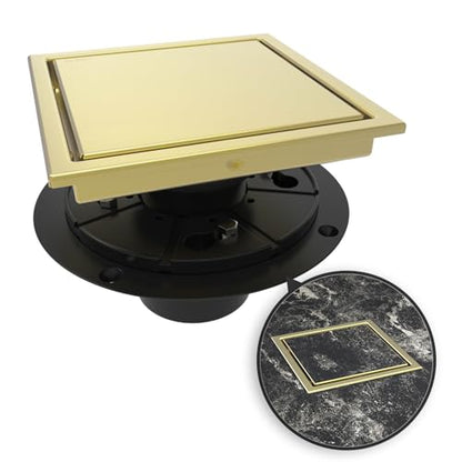 6 Inch Square Shower Drain Gold Floor Drain with Flange Reversible 2-in-1 Cover Tile Insert Grate Removable SUS304 Stainless Steel CUPC Certified Brushed Gold
