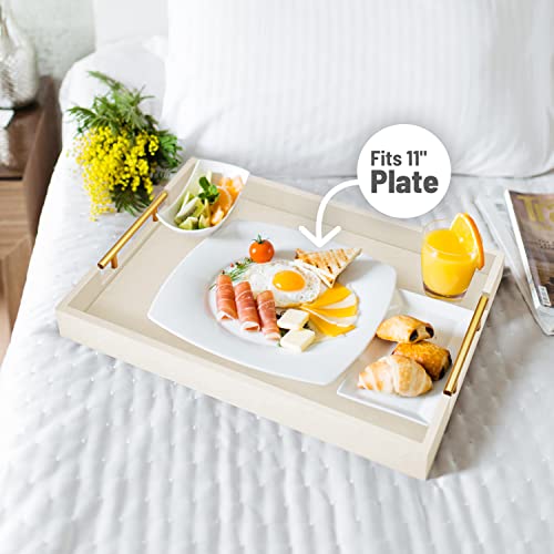 ATZYmolin 17"x12" Leather Serving Tray, Gold Handle Vanity Platter, White | Rectangle Ottoman Decor Tray, Polished Metal Handles, Coffee Table Bathroom Home Decorative Wood Tray