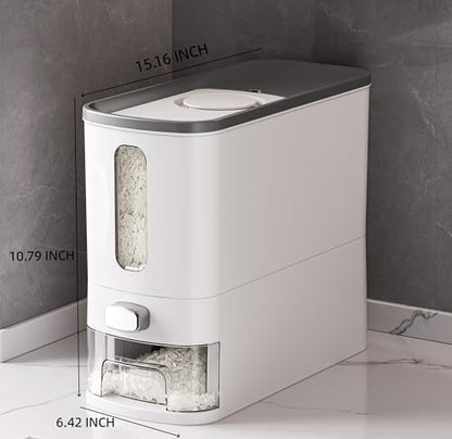 Rice Dispenser 12 Lbs,Large Cereal Dry Food Storage Containers Rice Storage Container Sealed Moisture Proof with Measuring Cup for Kitchen Pantry Household, White and Grey