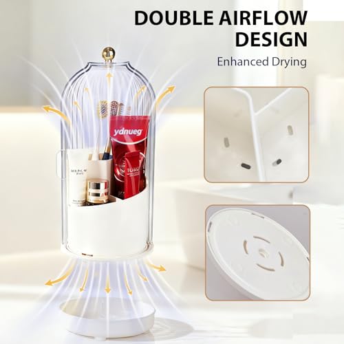 3-Slot Coverd Rotating Toothbrush Holders with Lid for Bathrooms | Plastic Enclosed Tooth brush Holder, Countertop Makeup Brush Holder for Vanity, Utensil Storage-White