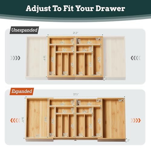 Silverware Organizer Large, Magnetic Connected Expandable 13 Slots Silverware Drawer Organizer From 21 to 37.4 Inches, Adjustable Flatware and Cutlery Holder, Bamboo Utensil Tray for Kitchen Natural