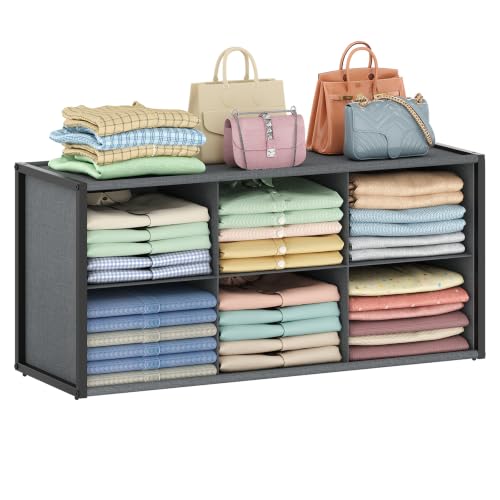 Hongtamoya Stackable Closet Organizer Shelf,6 Cube Bins Storage Basket for Clothes, Handbags Sweaters Jeans Pants Shirt, Space Saving Closet Organizer for Bedroom Wardobe, Closet System-Grey