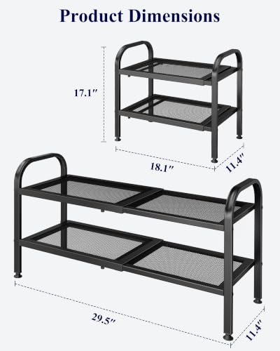 Kitsure Metal Expandable Shoe Rack, 18.1-29.5" x 11.4" x 17.1", Black | 2-Tier Shoe Rack for Closet, Entryway, Garage, Shoe Storage with High-Density Metal Shelves, Space Saving Shoe Organizer