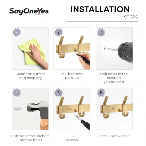 Brushed Gold Wall Mounted Coat Rack – 17 Inch Stainless Steel Rail with 6 Double Coat Hooks for Entryway, Bathroom, Bedroom, Kitchen – Modern Gold Hook Rack for Coats, Hats, Towels
