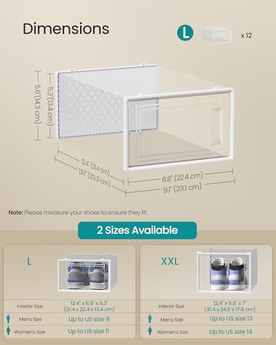 SONGMICS Shoe Boxes, Pack of 12 Shoe Storage Organizers, Stackable Clear Plastic Boxes for Closet, Sneakers, 13.1 x 9.1 x 5.6 Inches, Transparent and White ULSP12SWT