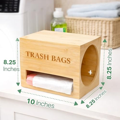 Trash bag holder dispenser | Bamboo garbage bag holder dispenser for Under Sink Storage | Wall Mount trash bag holder | Portable Hanging Organizer for Kitchen & Utility Use