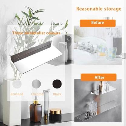 16Inch Stainless Steel Wall Mounted Floating Shelf Drilling or Shelf Adhesive Modern Room Decor Wall Shelf Floating Shelf for Bathroom Bedroom Decor