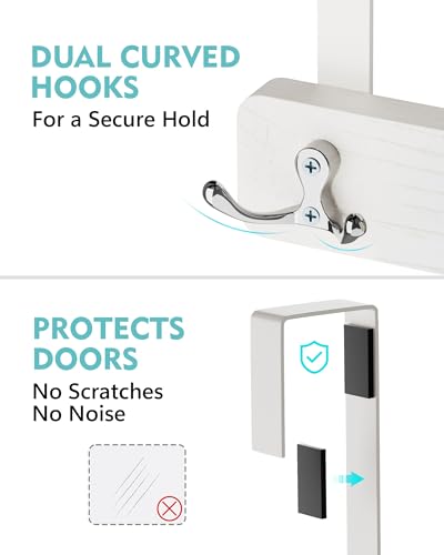 Mop and Broom Holder Wall Mount, No Drill Over the Door, White | 4 Slots & 4 Hooks, No Drill Setup, Wood and Metal Build, EVA Protection Pads, Secure Grip, Laundry Garage Closet Kitchen Use