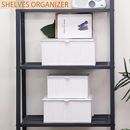Bamboo Decorative Storage Boxes - Set of 3 Woven Lined Storage Basket with Lids, White Wicker Lidded Baskets for Home Kitchen Shelf Organizer Decor