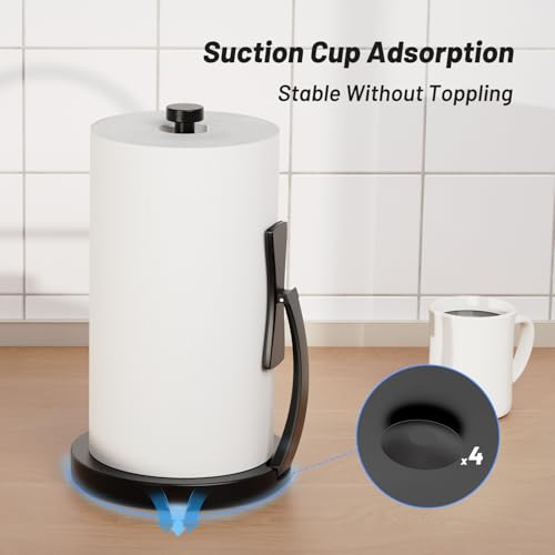 VEHHE Paper Towel Holder Countertop, Black Paper Towel Holder with Spring Activated Arm and Damping Effect, Simply Tear Paper Towel Stand for Bathroom and Kitchen (Black)