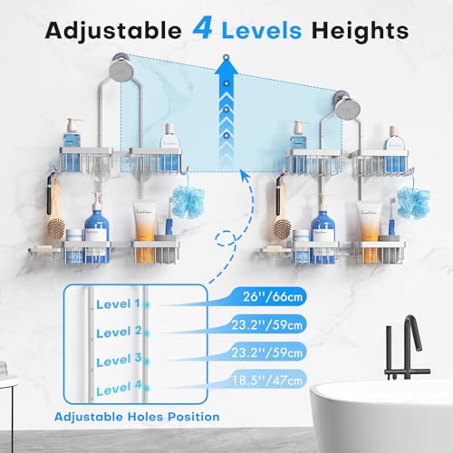 Sewulidon Aluminum Alloy Hanging Shower Caddy for Handheld Shower Heads,Rustproof Hose Shower Organizer 4 Levels Height Adjustable Shower Rack with Hooks,Razor Holder,Soap Holder