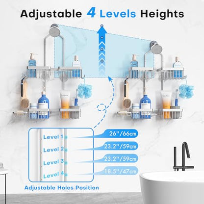 Sewulidon Aluminum Alloy Hanging Shower Caddy for Handheld Shower Heads,Rustproof Hose Shower Organizer 4 Levels Height Adjustable Shower Rack with Hooks,Razor Holder,Soap Holder