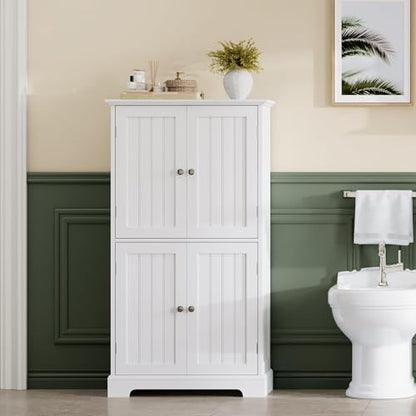 ChooChoo Bathroom Floor Cabinet with Adjustable Shelves | Bathroom Storage Cabinet, 4 Doors, Freestanding Cupboard for Living Room, White